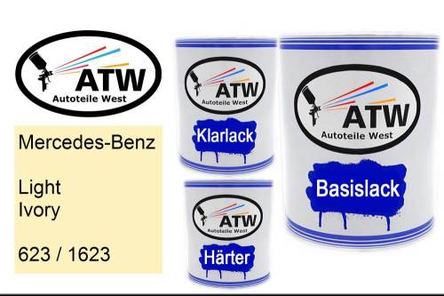 Mercedes-Benz, Light Ivory, 623 / 1623: 1L Lackdose + 1L Klarlack + 500ml Härter - Set, von ATW Autoteile West.
